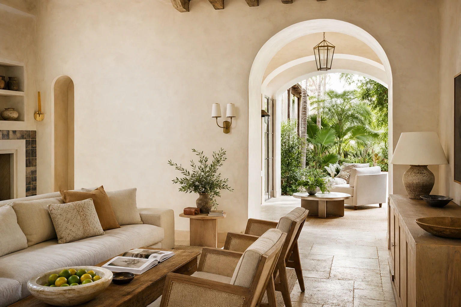 A finished living room with a plaster archway opening to a garden